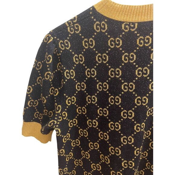 Gucci Womens Black & Gold GG Monogram Knit Short-Sleeve Dress With Pocket Detail - Picture 4 of 16